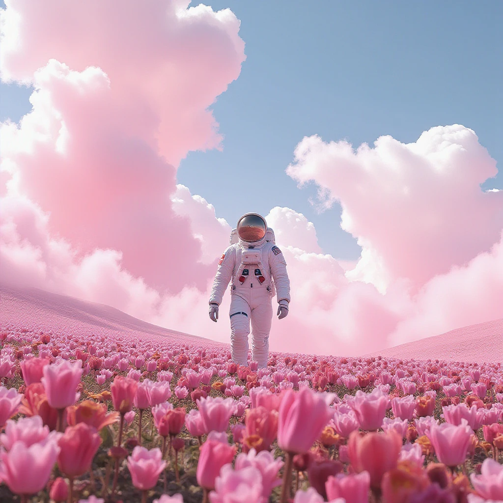 he astronaut walks in the sea of flowers dotted with pink clouds，The astronaut who is alone，The astronaut cannot leave this planet，The astronaut is lost in the boundless space.