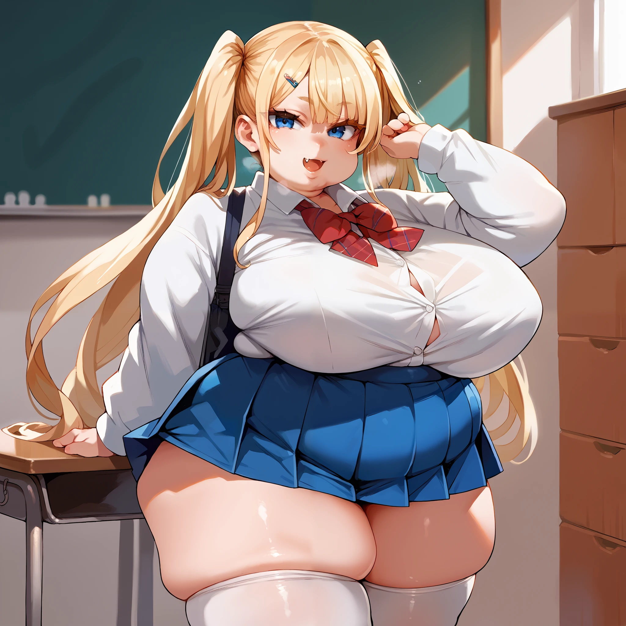 score_9,score_8_up,score_7_up,score_6_up,score_5_up,score_4_up,(source_anime),1girl,solo,long hair,breasts,looking at viewer,smile,open mouth,blue eyes,skirt,blonde hair,shirt,thighhighs,twintails,very long hair,school uniform,thighs,pleated skirt,fang,huge breasts,white thighhighs,blue skirt,skindentation,thick thighs,tented shirt,colored eyelashes,school, fat, chubby, obese, gigantic arms and legs, large breasts open mouth, out of breath