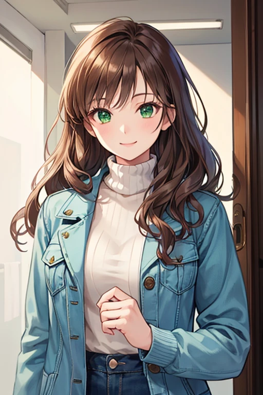 best quality, high resolution, ultra detailed, realistic, attractive female, upper body, vivid brown hair, semi-long wavy hair, green eyes, wearing a white turtleneck layered sweater, denim jacket, smiling, 