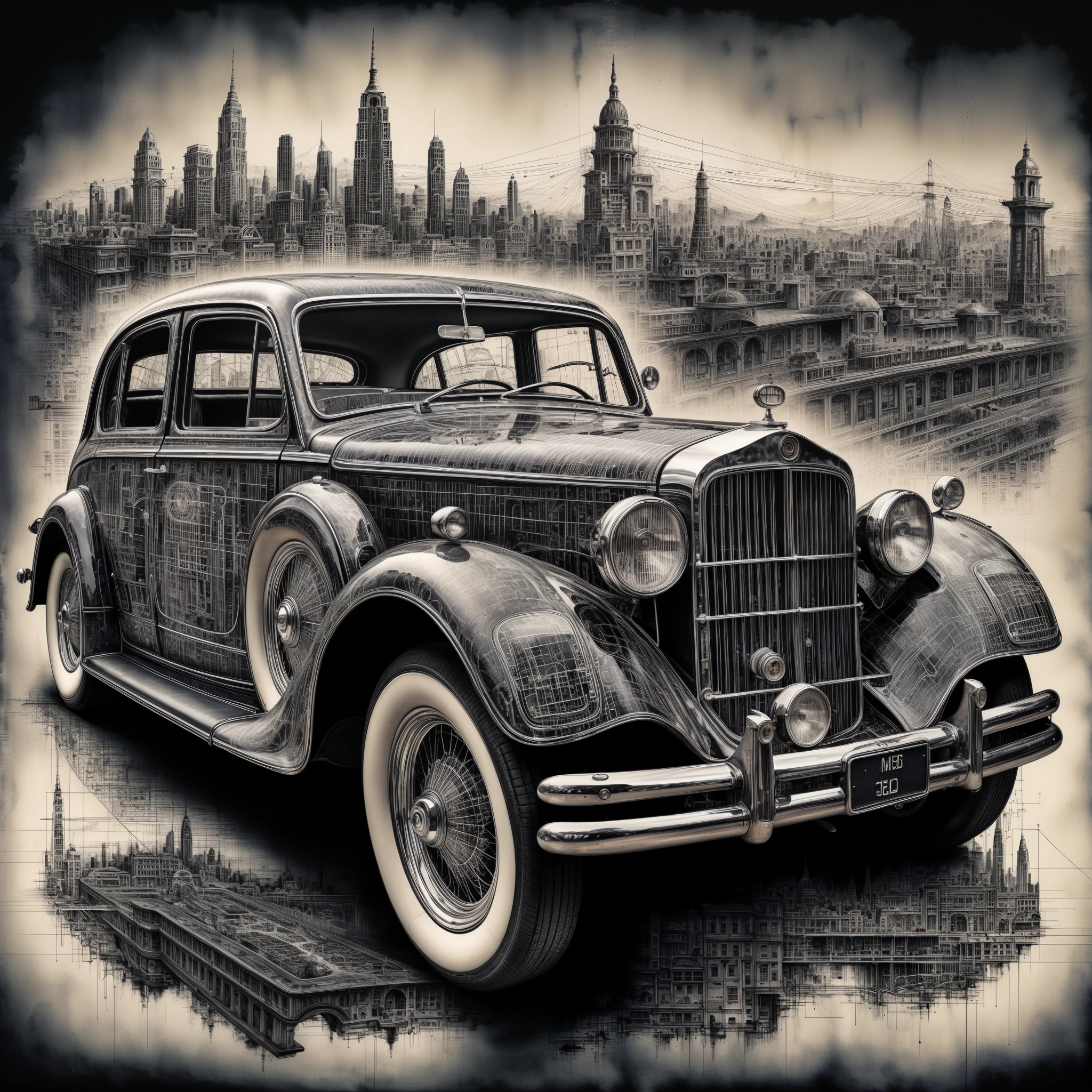 a highly detailed and intricate ink drawing of an old vintage car, a complex electrical diagram overlaying the car, a surreal cityscape in the background, cinematic dramatic lighting, photorealistic, hyper detailed, masterpiece