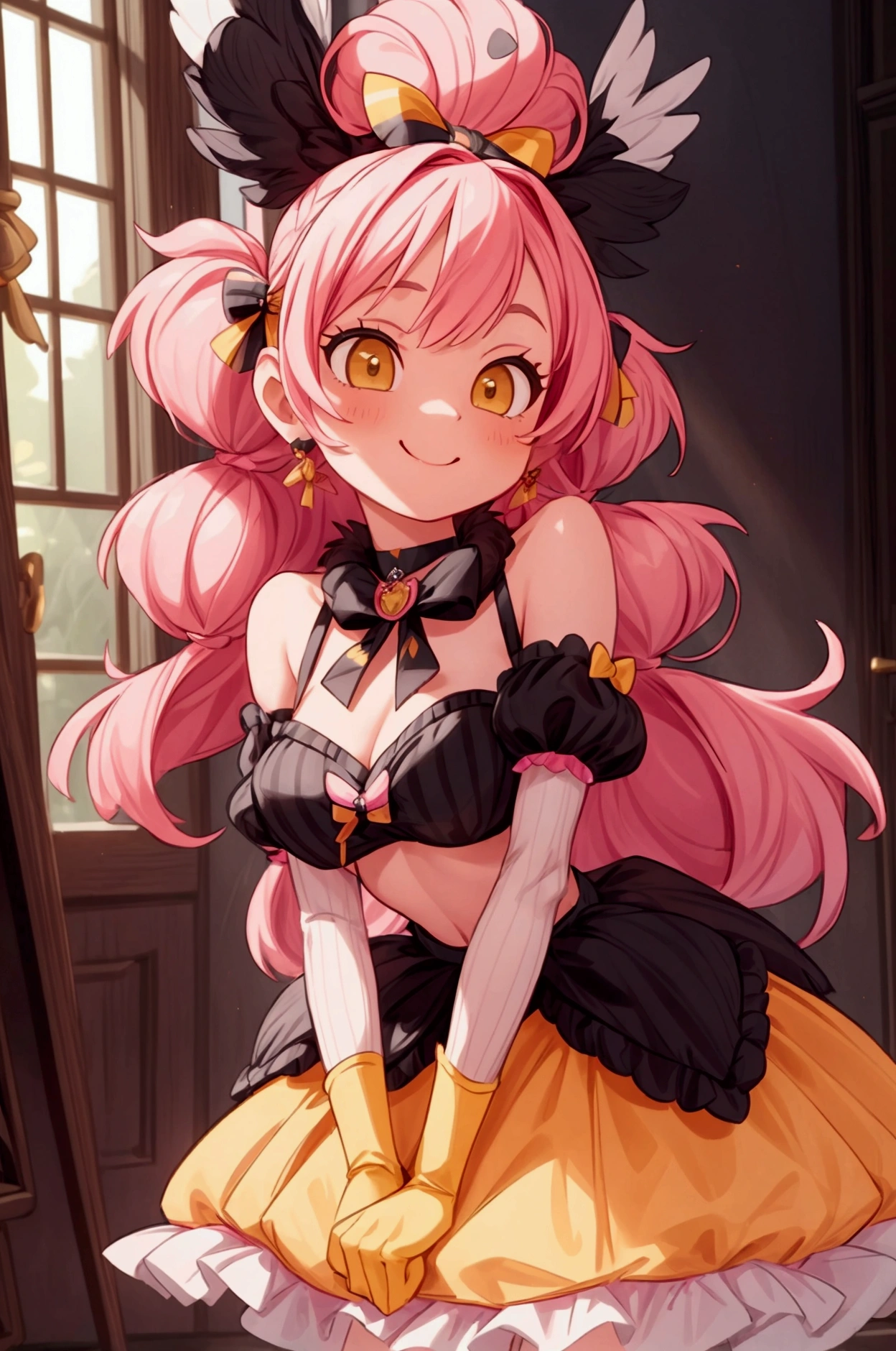 "Masterpiece, best quality, 1 girl, pink hair, big bow, elbow gloves, black crop top, fur stole, choker, standing indoors with intricate details and sunlight. black orange and yellow frilled dress striped with short neckline, Sweet smile, sexy pose, coquette, beautiful legs, mature body, gorgeous, pronounced breasts