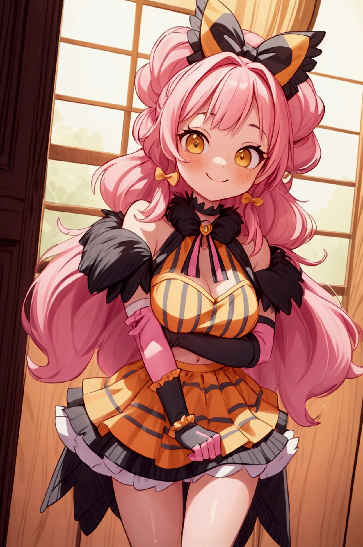 "Masterpiece, best quality, 1 girl, pink hair, big bow, elbow gloves, black crop top, fur stole, choker, standing indoors with intricate details and sunlight. black orange and yellow frilled dress striped with short neckline, Sweet smile, sexy pose, coquette, beautiful legs, mature body, gorgeous, pronounced breasts