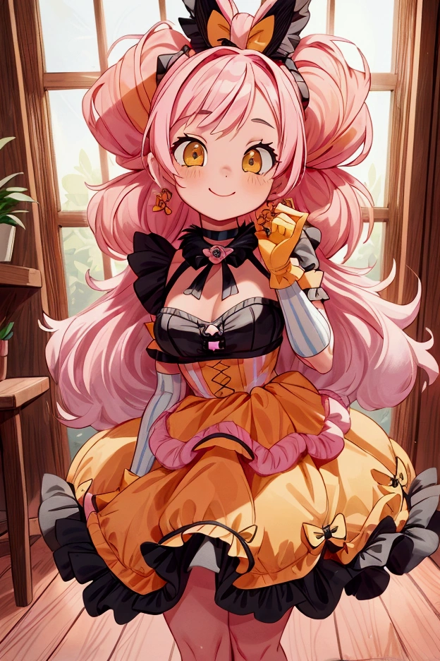 "Masterpiece, best quality, 1 girl, pink hair, big bow, elbow gloves, black crop top, fur stole, choker, standing indoors with intricate details and sunlight. black orange and yellow frilled dress striped with short neckline, Sweet smile, sexy pose, coquette, beautiful legs, mature body, gorgeous, pronounced breasts