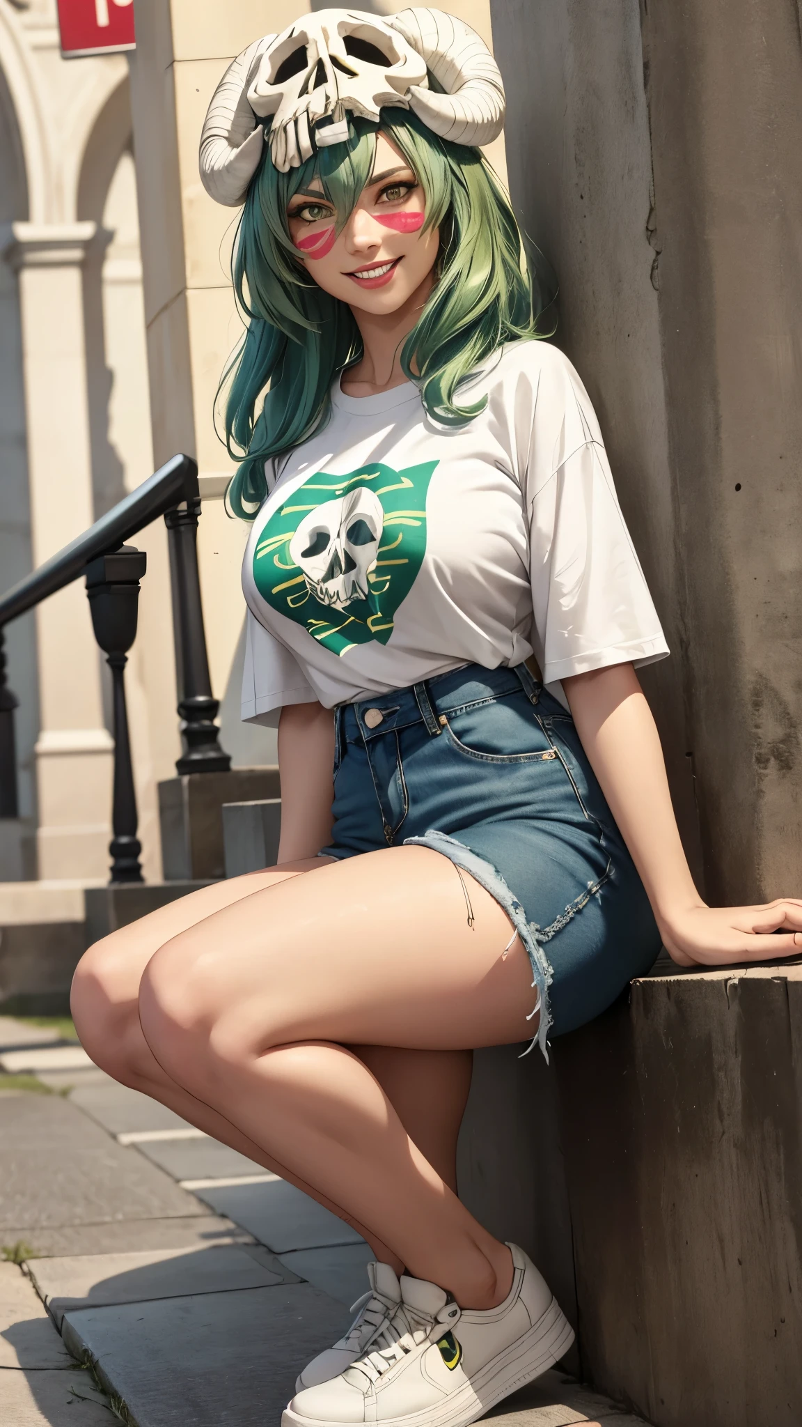 nelliel tu odelschwanck, solo, green hair,yellow eyes, skull, face mark,large breasts,smile , parted lips, happy, High-waisted mom jeans, graphic t-shirt, denim jacket, white sneakers, 