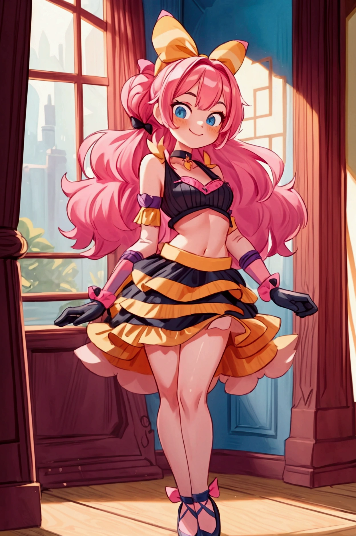 "Masterpiece, best quality, 1 girl, pink hair, blue eyes, big bow, elbow gloves, black crop top, fur stole, choker, standing indoors with intricate details and sunlight. black orange and yellow frilled dress striped with short neckline, Sweet smile, sexy pose, coquette, beautiful long legs, mature teen body, gorgeous, pronounced breasts