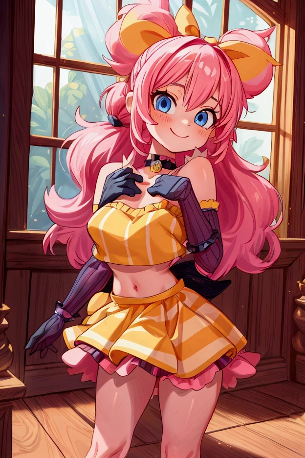 "Masterpiece, best quality, 1 girl, pink hair, blue eyes, big bow, elbow gloves, black crop top, fur stole, choker, standing indoors with intricate details and sunlight. black orange and yellow frilled dress striped with short neckline, Sweet smile, sexy pose, coquette, beautiful long legs, mature  body, gorgeous, pronounced breasts