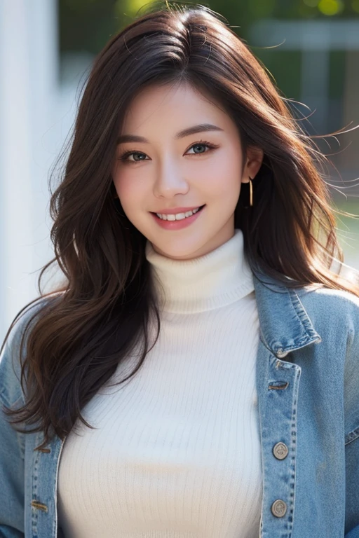 best quality, high resolution, ultra detailed, realistic, attractive female, upper body, vivid brown hair, semi-long wavy hair, green eyes, wearing a white turtleneck layered sweater, denim jacket, smiling, 