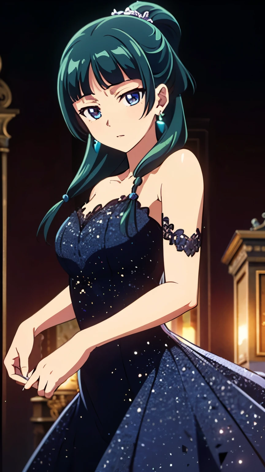 Top quality (8k, high resolution, masterpiece: 1.2), super detailed, anime art style, dynamic angle, (black dress), detailed green hair, detailed blue eyes, intricate hairstyle, long hair, slim body, perfect eyes, youthful, hair accessories, earrings, half-updo, slightly dull bangs, detailed lighting, bright colors, looking at the viewer, in the center of the image, (cowboy shot:1.3),