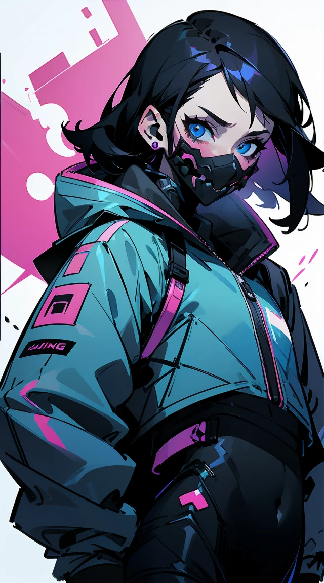 Adulte woman with black slick hair under a hood, blue eyes, tight black and white jacket with pink graffiti, black pant, intricate pencil sketch, expressive eyes and nose and mouth, un-zoom, highly detailed,  white background