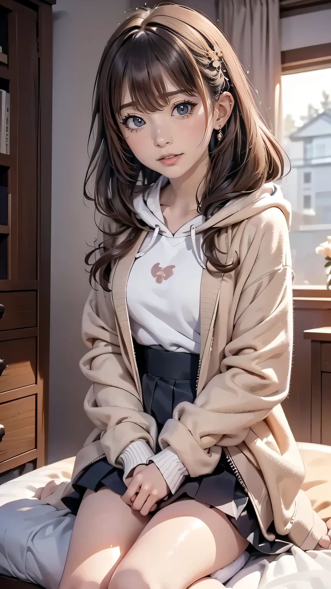 (1 girl) 、Create an "bed" scene where a beautiful dark gray-eyed Japanese young highschool girl .gold color highlight hair,ash brown color hair,(ツインテール  hairstyle)、 Flat Color
BRAKE
 、breast size D cup、 (plump skin:0.8),1 girl, alone, (( muffler 、fluffy hoodie coat、micro mini
skirt,neehigh socks))、、(((winter clothes))),(dynamic angle:0.4), 1woman 、large breasts ,  blush 、 dutch angle 、(dynamic pose:0.4) ,
break,
  , 4K ,8k ,
break,
  (open mouth smile:0.9) 、 looking at camera、 (background blur:0.8) 、(looking down, watching at Viewer:1.3)