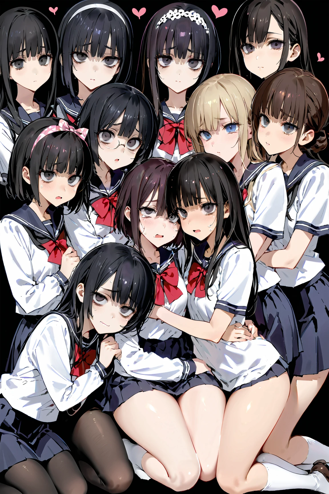 Group photo、7 mature women hugging and kissing、 school uniform、Kneeling、((bags under eyes、Jet Black Eyes))、hair over eyes, detailed hairband, (( chignon hair))、Round Glasses, black hair, cowboy shot, small breasts、 thick thighs 、 simple background、 heart mark in the eye, (tears、 drool 、 open your mouth、 No Emotion、 Hollow Eyes:1.2)、(glistening skin), (oily skin), (shiny skin),(half closed eyes), 