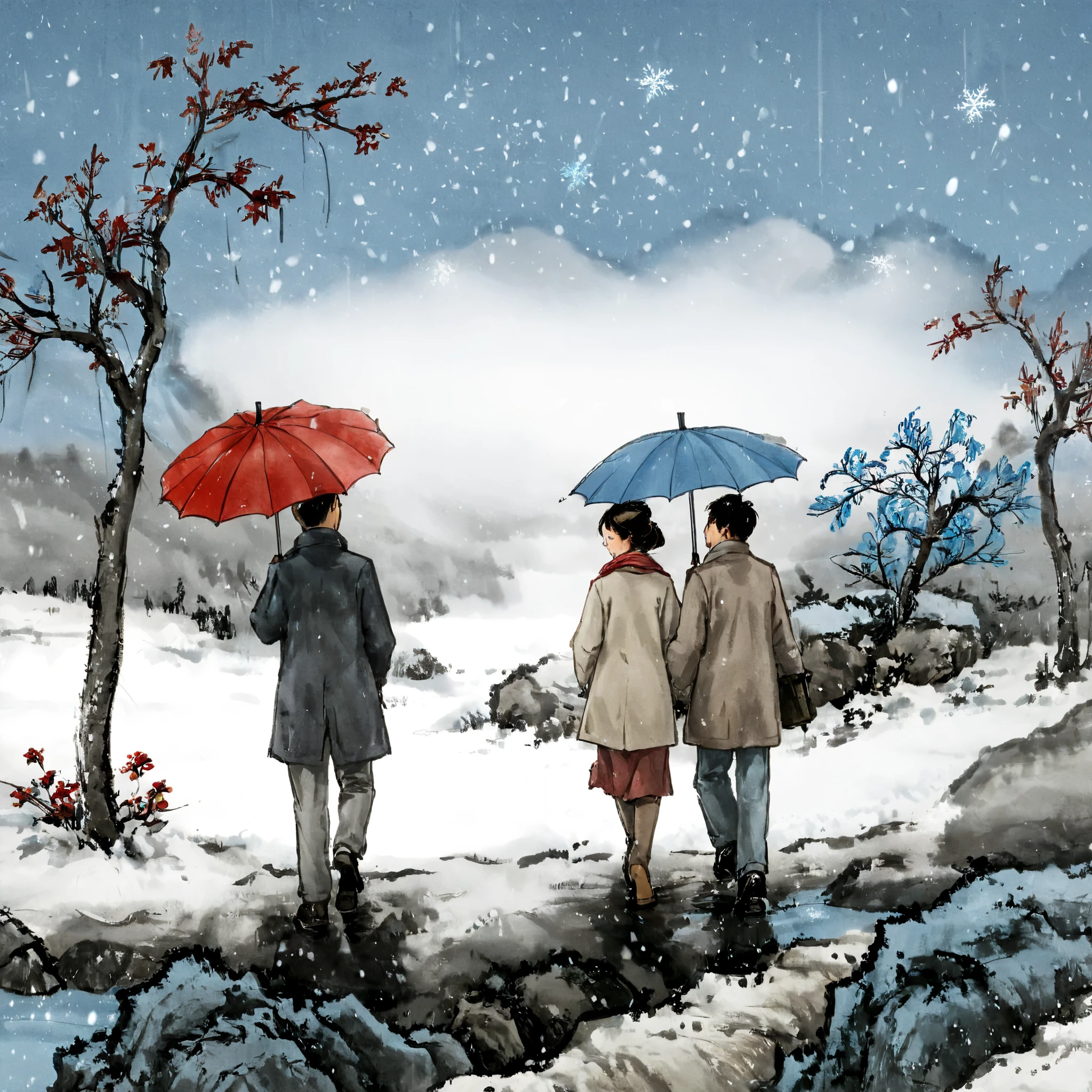 surrealist art Chinese painting,Ink Painting，ink wash painting，ink water， idyllic winter scenery in northern China ，Snowflakes are falling， Two people walking on a country road with umbrellas，red umbrella ， blue umbrella， traditional Chinese brushwork ， official art ，羊皮纸水彩Ink Painting，Minimalism，Beige gray ，Rice paper texture， Very high resolution details,photographic, Extremely Realistic ,Fine texture, Incredibly realistic 