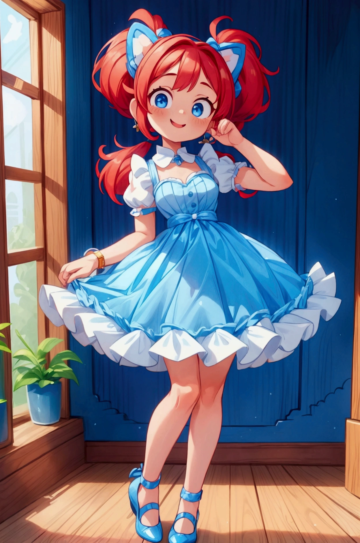 (masterpiece, best quality), 1girl, blue and white frill dress, red hair, two ponytails, cute face, blue eyes, standing, indoor, intricate detail, sunlight, cute dog ears, sexy pose, blue and white shoes, earrings, elegant hand watch, smile, coquette, gorgeous legs, mature teenager body, lovely, gorgeous body, pronounced breasts
