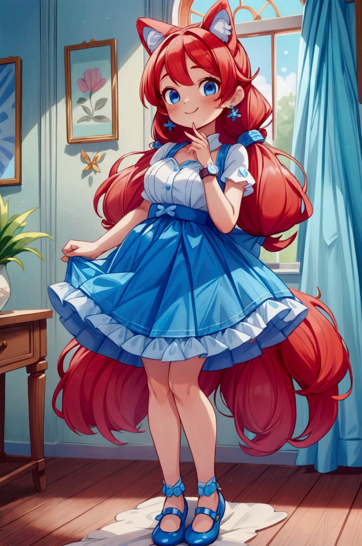 (masterpiece, best quality), 1girl, blue and white frill dress, red hair, two ponytails, cute face, blue eyes, standing, indoor, intricate detail, sunlight, cute dog ears, sexy pose, blue and white shoes, earrings, elegant hand watch, smile, coquette, gorgeous legs, mature teenager body, lovely, gorgeous body, pronounced breasts
