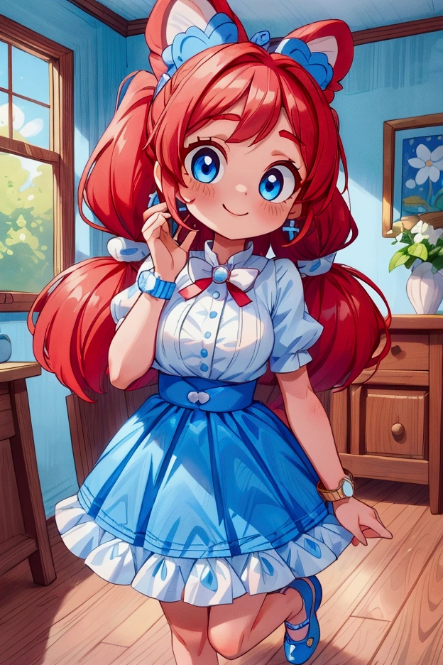 (masterpiece, best quality), 1girl, blue and white frill dress, red hair, two ponytails, cute face, blue eyes, standing, indoor, intricate detail, sunlight, cute dog ears, sexy pose, blue and white shoes, earrings, elegant hand watch, smile, coquette, gorgeous legs, mature teenager body, lovely, gorgeous body, pronounced breasts
