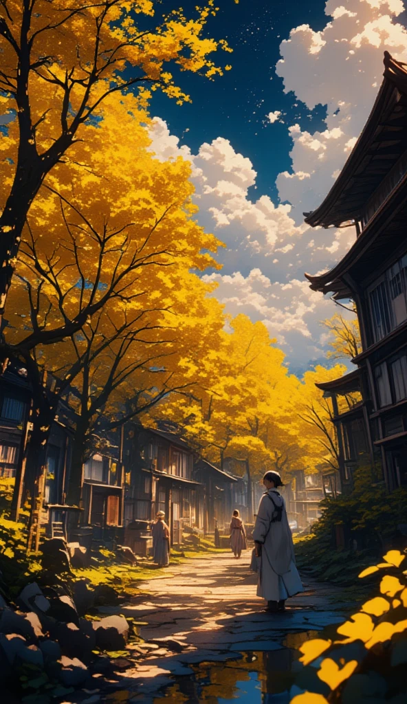 quality\(8k,Extremely detailed CG unit wallpaper, masterpiece,  high definition ,top-quality,top-quality real texture skin,  Surreal, Increased resolution ,  RAW photos ,highest quality,  Very detailed,  wallpaper\),break、Walking through a ginkgo forest、 beautiful dark yellow forest 、 fading out to black 、  Gradient  、break、  comfortably dressed、  look up  、  side shot  、Beautiful profile、を  look up  、 almost black blue sky 、Stars and Clouds、A new angle、break、  overall dark、  cinematic lighting  、Very elaborate lighting、