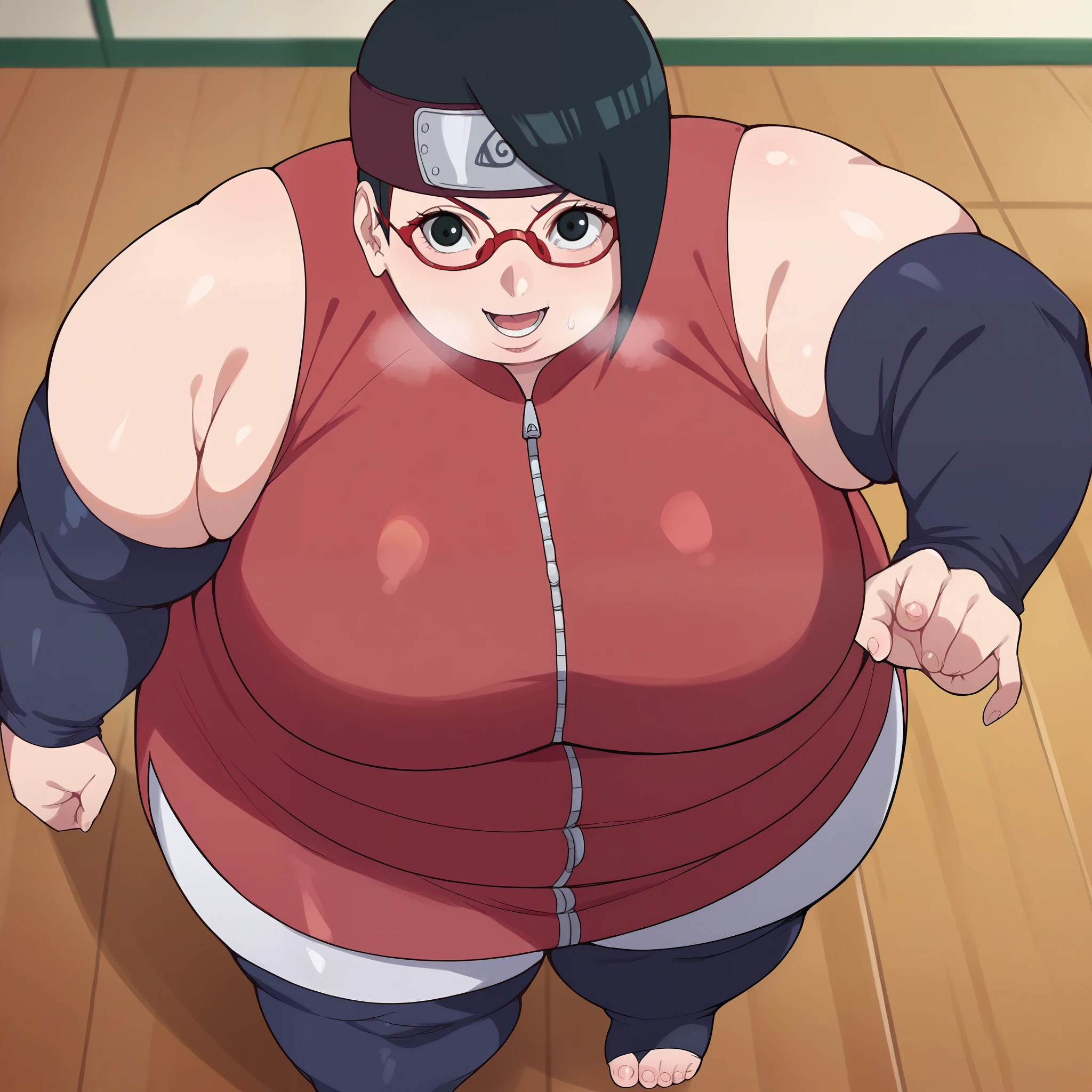 score_9, score_8_up, score_7_up, source_anime,
saradauchiha, sarada uchiha, short hair, black hair, black eyes, red-framed eyewear, glasses, swept bangs,
thighhighs, bare shoulders, detached sleeves, shorts, zipper, toeless footwear, dress, red dress,
indoors, classroom, bent over, smile,
solo, looking at viewer, cowboy shot, fat, chubby, obese, gigantic arms and legs, large breasts open mouth, out of breath, from above