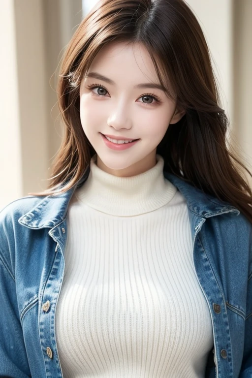 best quality, high resolution, ultra detailed, realistic, attractive female, upper body, vivid brown hair, semi-long wavy hair, green eyes, wearing a white turtleneck layered sweater, denim jacket, smiling, 