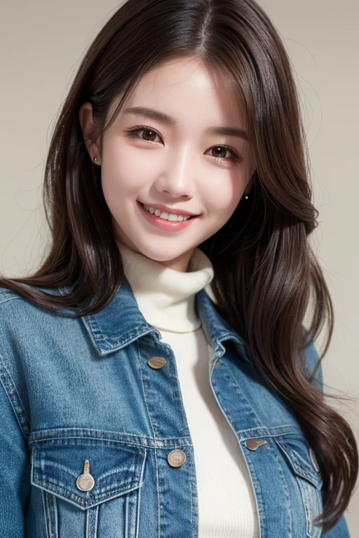 best quality, high resolution, ultra detailed, realistic, attractive female, upper body, vivid brown hair, semi-long wavy hair, green eyes, wearing a white turtleneck layered sweater, denim jacket, smiling, 