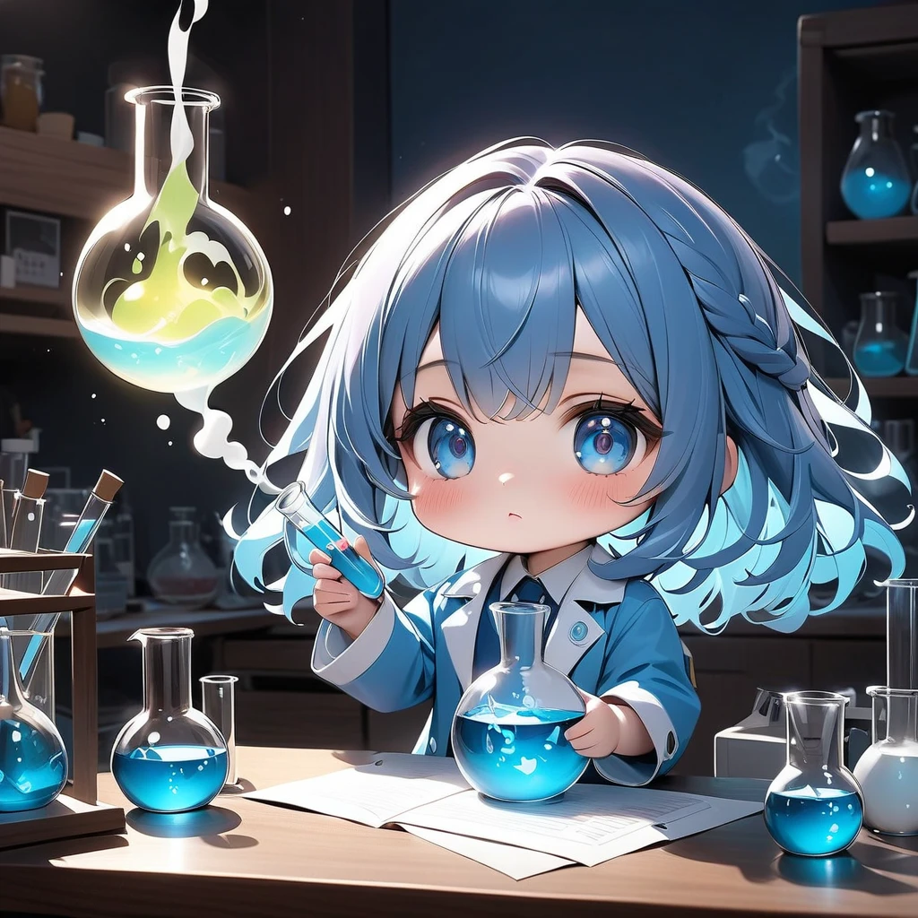 best quality, masterpiece , The blue suit 、Mr.々 in a room with laboratory equipment and beakers 、 A girl in a white chemist's coat 、 round glass 、 (Chibi: 0.6), holds a test tube filled with a mysteriously glowing liquid、 Smoke is coming out of the test tube 、 random hair color , 大きなcute目、 cute,