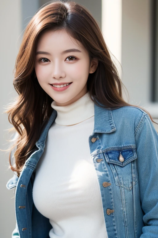 best quality, high resolution, ultra detailed, realistic, attractive female, upper body, vivid brown hair, semi-long wavy hair, green eyes, wearing a white turtleneck layered sweater, denim jacket, smiling, 