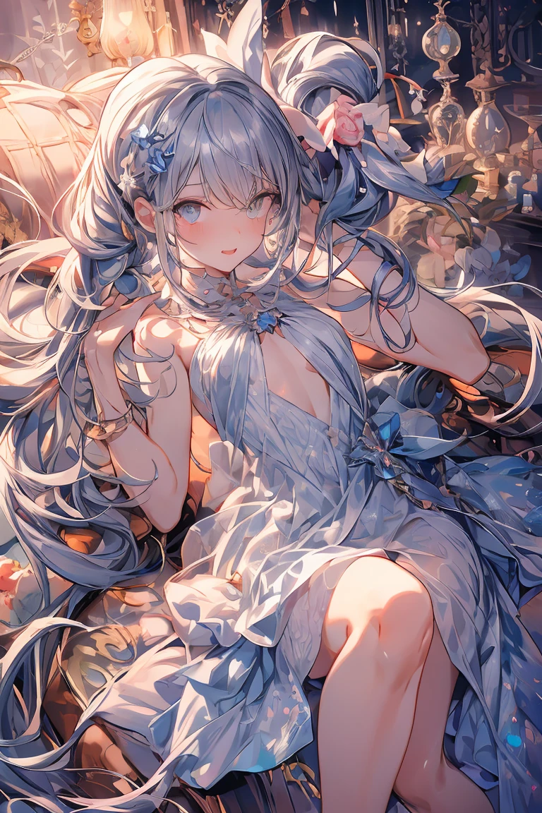 (nsfw:1.3),(open chest:1.3),((very flat chest :1.3)),highest quality, masterpiece, long eyelashes, Sparkling輝く目, Dresses with ruffles and ribbons, Eat cake in a café, Sparkling, Cat ear, flower hair ornament,