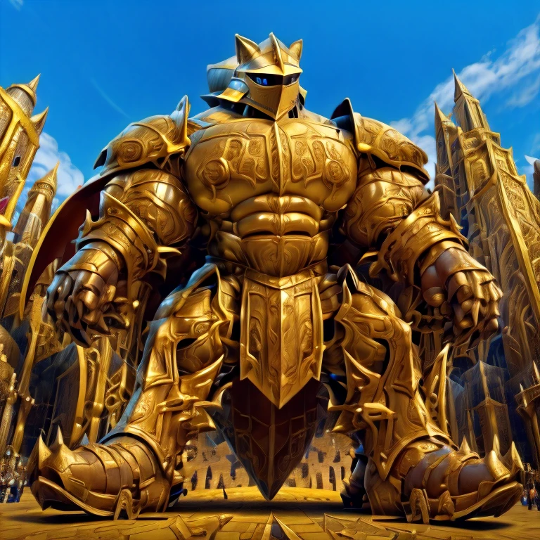 - Excalibur Sonic. Golden Armor. The whole body is golden.
- masterpiece. official art. 8k. best quality. detailed full body. full body.
- no face. wearing a full-face helmet.
- An arrogant expression. smile at the corner of your mouth.
- He with 4 arms.
- large muscles,  big muscle, huge muscles,  massive muscles, bulk up.
- focus GIANT Excalibur Sonic is trampling the city. Looking down. macro. stomp. Low-angle perspective. emphasizing the immense size. He has long legs.
- The nails are sharp. The nails are gold. There are five fingers.
- The toenails are sharp. The toenails are gold. There are five toes.

(Excalibur Sonic, golden armor, helmet, no face, holding, red cape, upturned and pointy shoes)