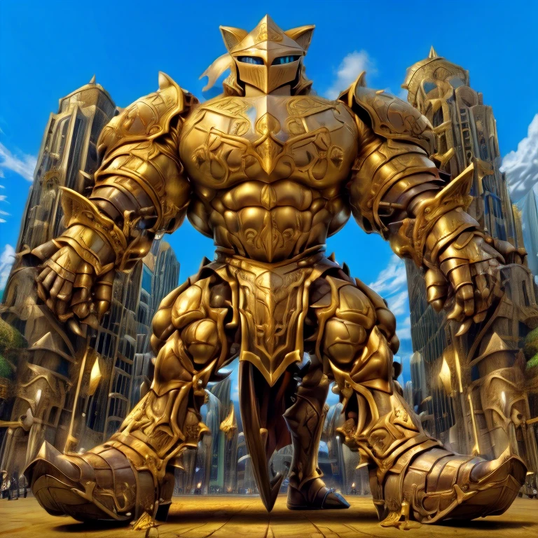 - Excalibur Sonic. Golden Armor. The whole body is golden.
- masterpiece. official art. 8k. best quality. detailed full body. full body.
- no face. wearing a full-face helmet.
- An arrogant expression. smile at the corner of your mouth.
- He with 4 arms.
- large muscles,  big muscle, huge muscles,  massive muscles, bulk up.
- focus GIANT Excalibur Sonic is trampling the city. Looking down. macro. stomp. Low-angle perspective. emphasizing the immense size. He has long legs.
- The nails are sharp. The nails are gold. There are five fingers.
- The toenails are sharp. The toenails are gold. There are five toes.

(Excalibur Sonic, golden armor, helmet, no face, holding, red cape, upturned and pointy shoes)