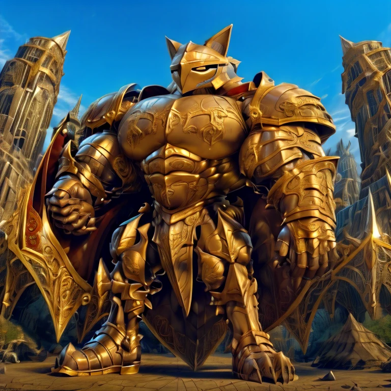 - Excalibur Sonic. Golden Armor. The whole body is golden.
- masterpiece. official art. 8k. best quality. detailed full body. full body.
- no face. wearing a full-face helmet.
- An arrogant expression. smile at the corner of your mouth.
- He with 4 arms.
- large muscles,  big muscle, huge muscles,  massive muscles, bulk up.
- focus GIANT Excalibur Sonic is trampling the city. Looking down. macro. stomp. Low-angle perspective. emphasizing the immense size. He has long legs.
- The nails are sharp. The nails are gold. There are five fingers.
- The toenails are sharp. The toenails are gold. There are five toes.

(Excalibur Sonic, golden armor, helmet, no face, holding, red cape, upturned and pointy shoes)