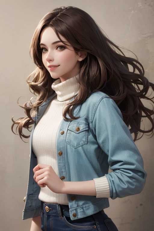 best quality, high resolution, ultra detailed, realistic, attractive female, upper body, vivid brown hair, semi-long wavy hair, green eyes, wearing a white turtleneck layered sweater, denim jacket, smiling, 