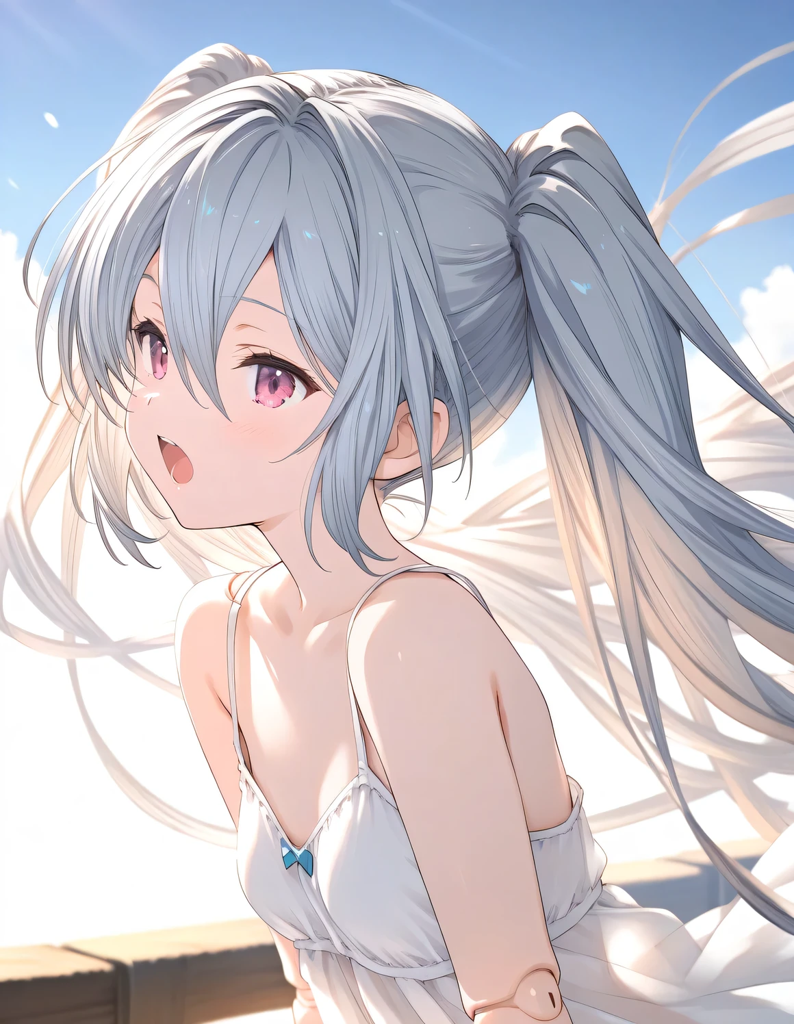 1girl, orchis_(granblue_fantasy), little female, long hair, silver hair, twintails, pink eyes, beautiful detailed eyes, small breasts,doll joints, open mouth,  (yawn:0.3),outdoors, wind, game CG break,((artist:shida_kazuhiro)),(artist:mitsumi_misato),(artist:fujiyama),,(masterpiece), (best quality), (ultra-detailed), very aesthetic, newest, beauty illustration,super detailed skin,  (masterpiece), (best quality), (ultra-detailed), very aesthetic lighting,hi res,absurd_res,2023,2024,(shaded),digital media (artwork), realistic lighting, 4k, 8k,