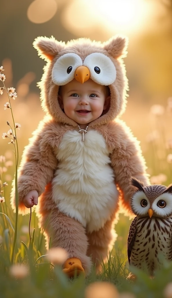 baby in a owl costume walking in the beach happy, brave, magical, cute