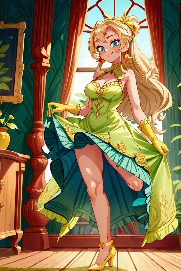 (masterpiece, best quality), 1girl, red and green frill dress, blonde medium long hair, blue eyes, standing, indoor, intricate detail, sunlight, green high heel shoes, yellow gloves, earrings, smile, sexy pose, coquette, gorgeous legs, mature woman body, lovely, gorgeous body, pronounced breasts