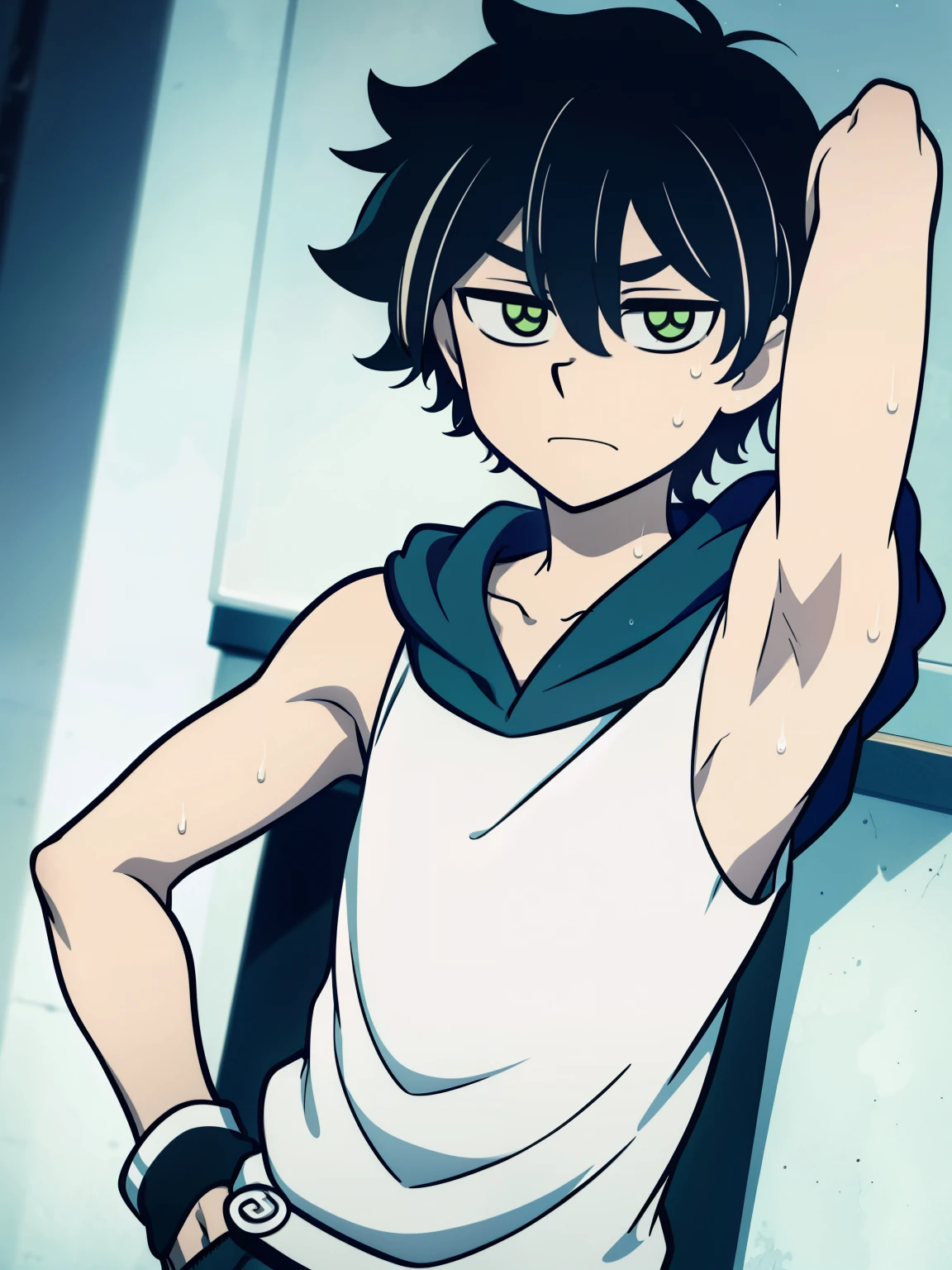 Highres, Masterpiece, Best quality at best,Best Quality,hight quality, hight detailed, Anime style, 1boy, Shota, Young boy, Young andy graves, hair between eyes, closed mouth,black hair, green eyes, Slim body, messy hair, look at viewer, Sleeveless hoodie, Bare shoulder, choker, upper body, White beckground, bright pupils, outline, white pupils, white outline, bold outline, (Showing armpit:1.3), Cute armpit, hansome boy, (Look like young boy), White beckground, hansome boy, Uhd, bokeh, sweat