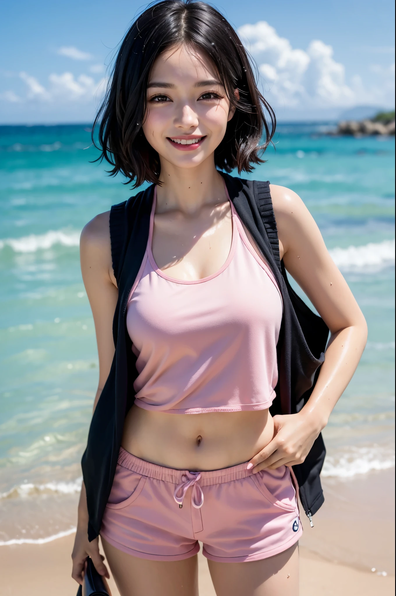 cute japanese girl, sweating pink mini skirt, pink tank top, sunny day, beach, covered in sunscreen