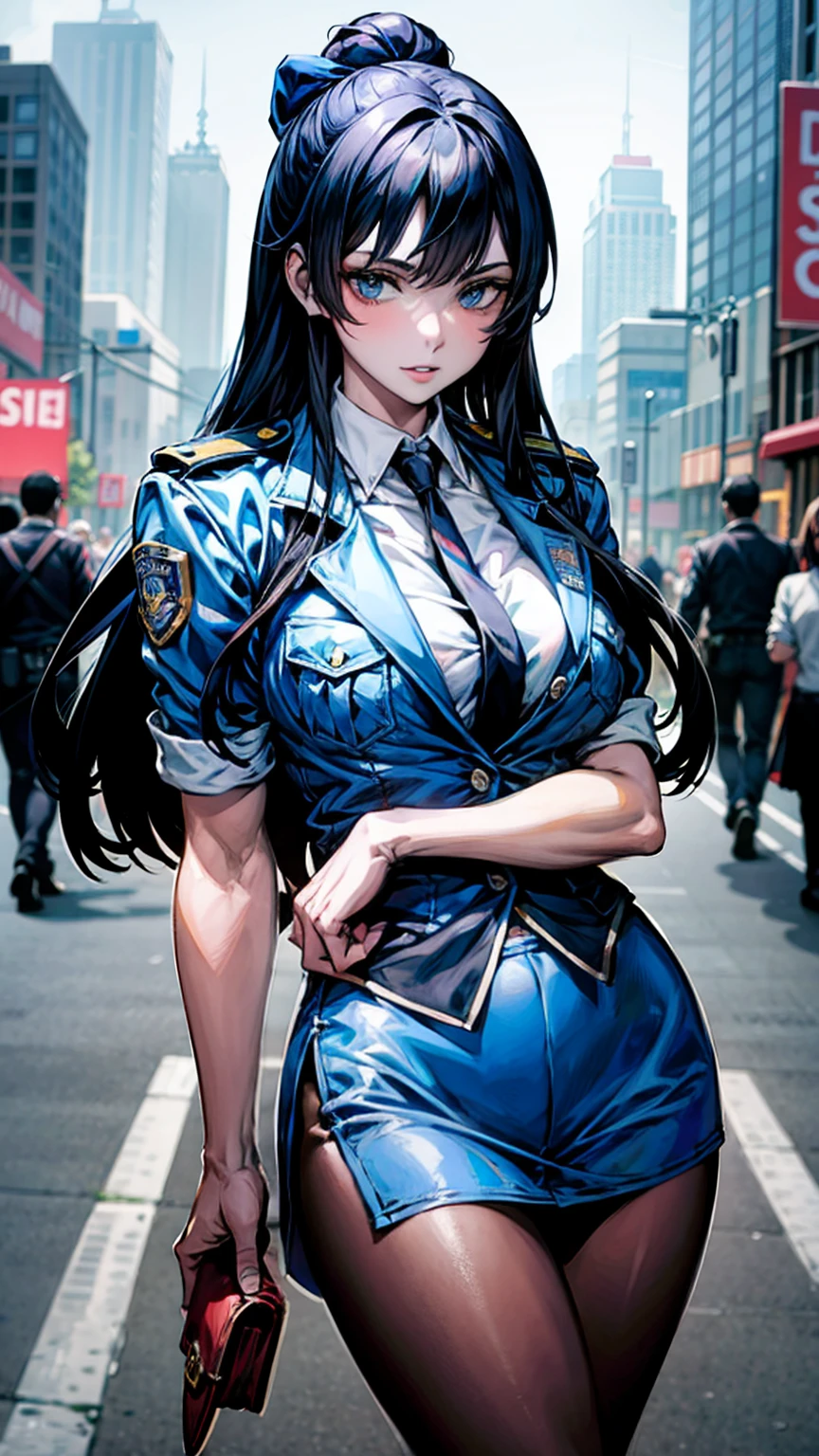  absurd determination ,  high definition , (masterpiece:1.4),  super detailed,  1 girl , blue eyes, Long black hair，Wear a police uniform and a miniskirt,  white handbags、 pantyhose、City streets, sexy posture, The camera is close to your body 