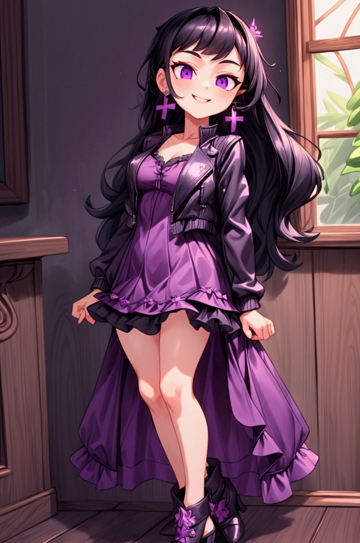 (Masterpiece, best quality) 1 girl, black hair, medium long hair, purple eyes, standing indoors with intricate details and sunlight. Purple frilled dress with short neckline, dark black biker jacket vest, black heels, cross earrings. Sweet smile, sexy pose, coquette, beautiful legs, mature body, gorgeous, pronounced breasts