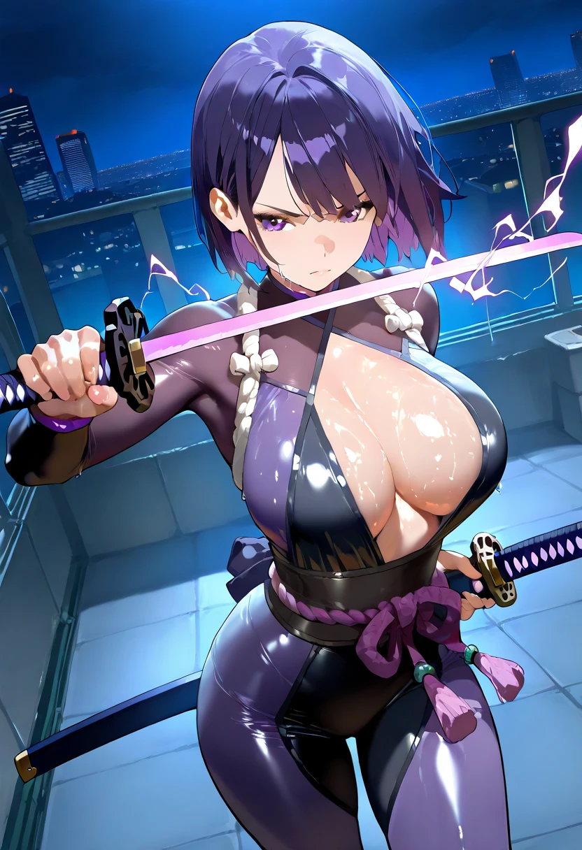 1girl,gleaming skin,shiny skin,serious face,purple eyes,purple hair,short hair,swept bangs,,large breasts,beautifully shaped breasts,shinobi costume,bodysuit,holding a katana,lightning magic,night city,rooftop ,(masterpiece), (best quality), (ultra-detailed), very aesthetic, newest,general,