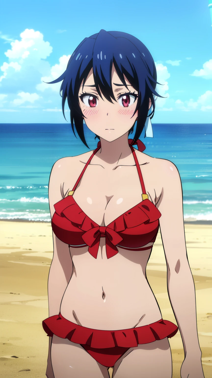 (highest quality, 8k, High resolution, masterpiece:1.2), Very detailed, Anime art style, Anime Color, alone, One Girl, Dong Meng gives birth to a son, bikini, frills, blush, Beach, Medium sized big breasts, alone, Stylish pose, Stylish angle, Focus on the audience in the center of the image, Cowboy Shot.