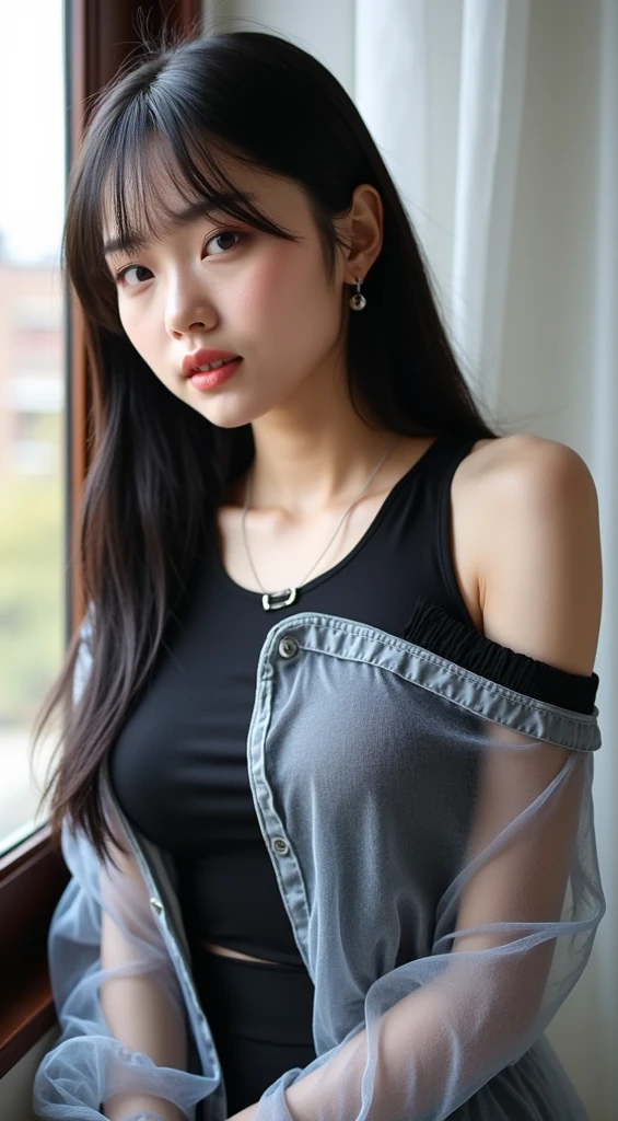 an illustrated character with a manga style. She has long, straight hair with blended gray and light brown tones. Her eyes are large and expressive, with blue irises. She has a nose and plump lips.The character is wearing navy tank top that accentuates her fit physique. She has on white jeans with a belt, giving her a casual yet stylish look. A small necklace completes her outfit. Her pose conveys confidence, with one hand on her hip and a subtle smirk on her face. fashion-forward young woman character, comic art styles. The background is plain white, keeping the focus solely on the detailed character illustration itself.