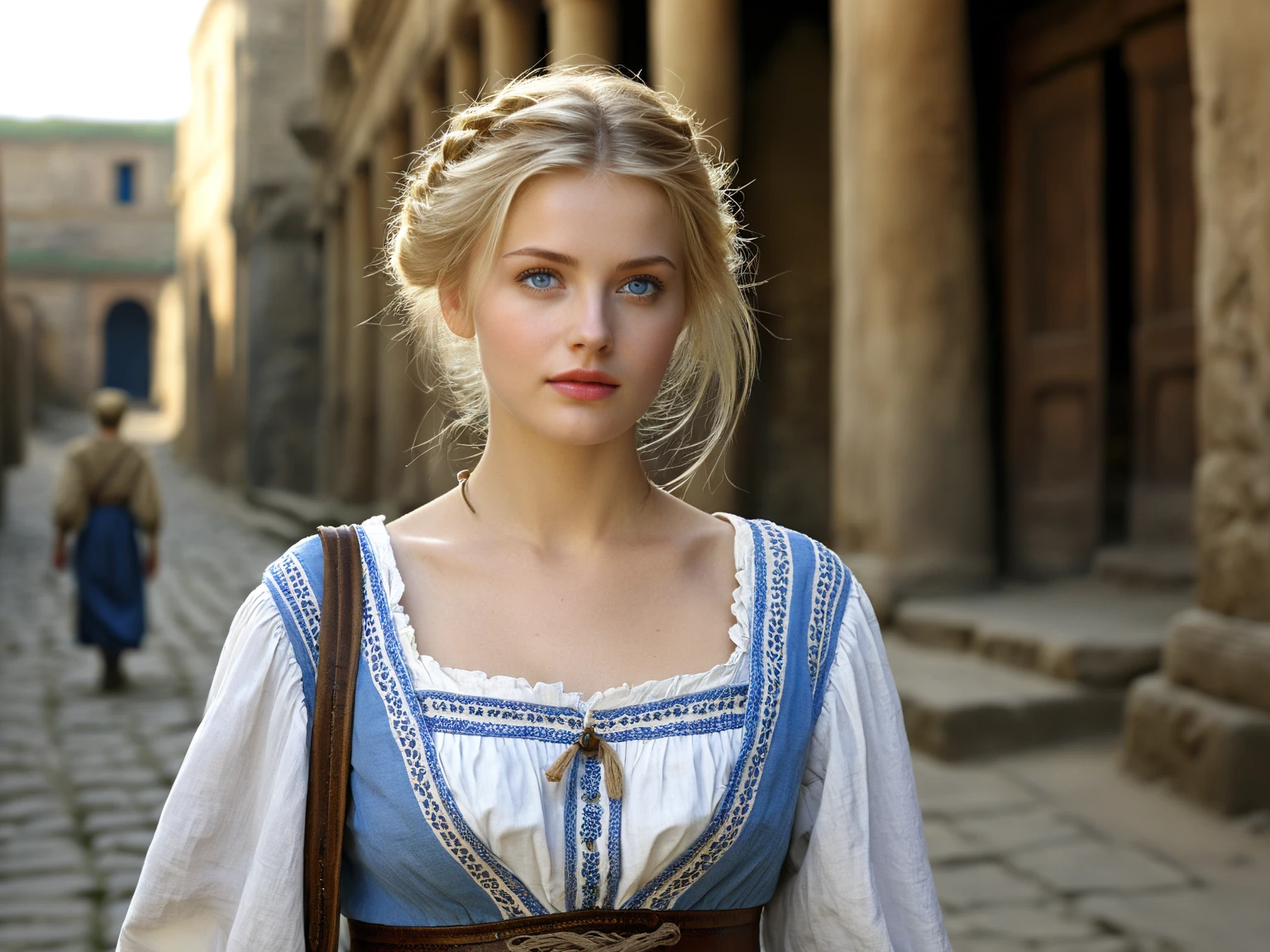 Best, Masterpiece , photograph of-realistic, Intricate details, RAW photos, ultra - detailed , old fashioned Young woman, with peasant style attire, No neckline, coiffed blonde hair, perfect details and blue eyes , Walking in the ancient city , high-definition picture quality, 8 thousand, Young woman, 20yr old
