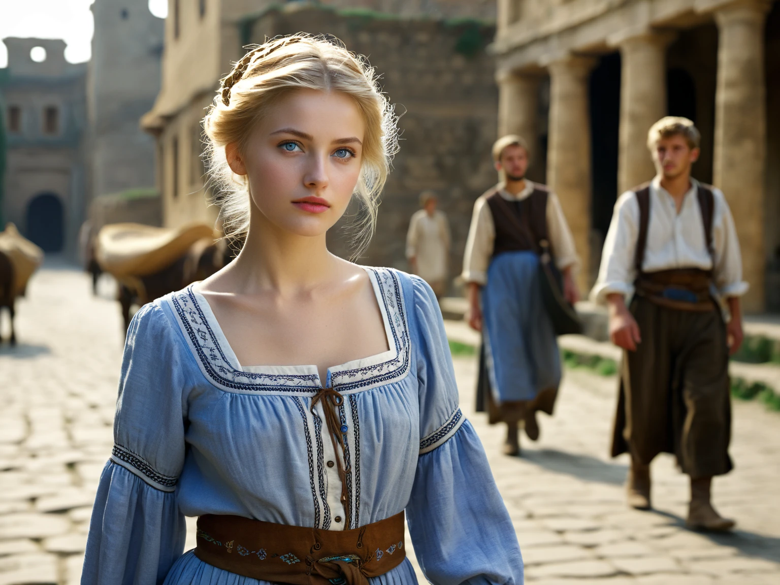 Best, Masterpiece , photograph of-realistic, Intricate details, RAW photos, ultra - detailed , old fashioned Young woman, with peasant style attire, No neckline, coiffed blonde hair, perfect details and blue eyes , Walking in the ancient city , high-definition picture quality, 8 thousand, Young woman, 20yr old