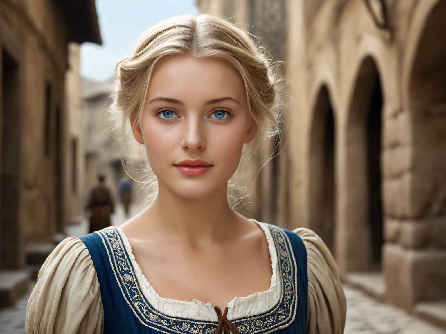 Best, Masterpiece , photograph of-realistic, Intricate details, RAW photos, ultra - detailed , old fashioned Young woman, with peasant style attire, No neckline, coiffed blonde hair, perfect details and blue eyes , Walking in the ancient city , high-definition picture quality, 8 thousand, Young woman, 20yr old