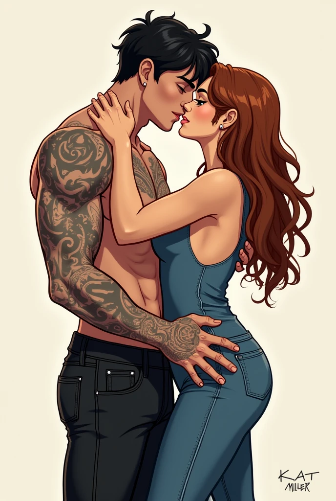 beautiful woman, perfect body tattoo, moaning with pleasure, man touching her, thong between the legs, boy thong, doggystyle fucking hard, discreetly so that no one sees them,