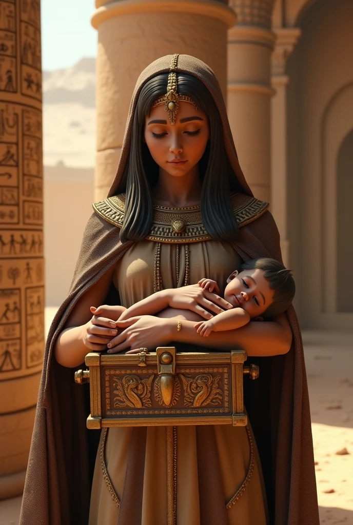 An artistic depiction of the princess of Egypt finding baby Moses in the basket.