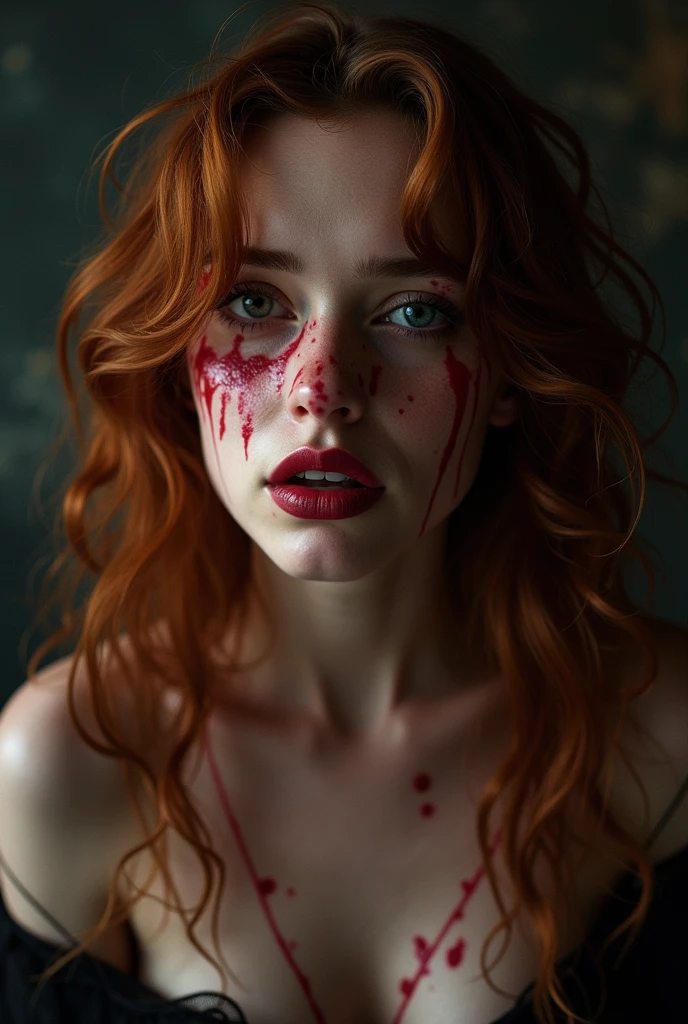 A sad woman crying with reddish hair covered in blood and a bouquet of white roses