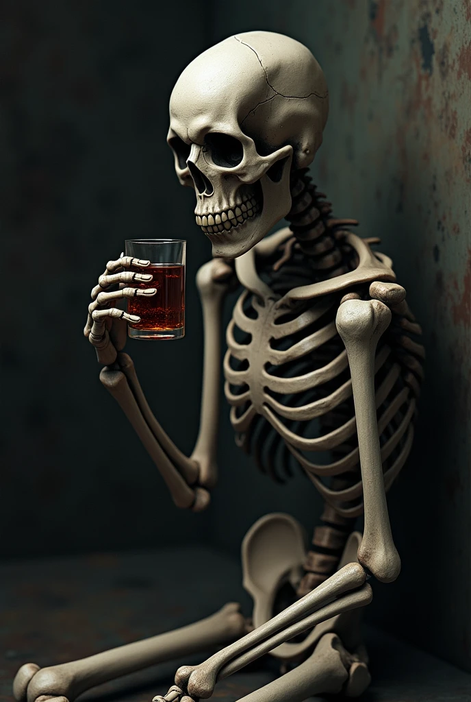 create an animated skeleton with a sad gesture, drinking alcohol, high quality photo and