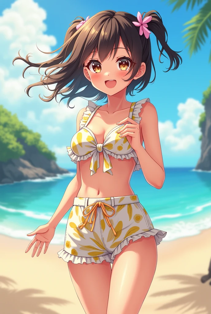1girl,chibi,Triangle bikini, Beach skirt, Sunglasses, Espadrilles,<lora:chibi_last:1>,