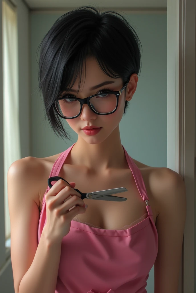 Masterpiece, best quality, hi-res photorealistic, high detailed skin,(real skin), Beautiful 25yo female wearing naked apron, black leather apron, thin black-frame glasses, pink bob cut, white teeth smile happy face, full tattoo arm, medium breasted, cooking in the kitchen , soft lightning, deep shadow, beautiful photography