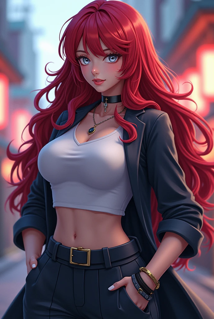 masterpiece, best quality, highres, best quality, highres, rias gremory, 1girl, long hair, red hair, ahoge, blue eyes, large breasts, very long hair, breasts, huge ahoge, strong pose, smile,tight jeans, white bra, walking in streets, modern fashion,